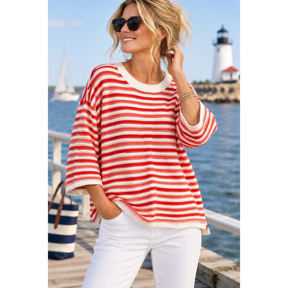Tommy Hilfiger Womens XL Striped Cotton Sweater Red Cream Coastal Nautical